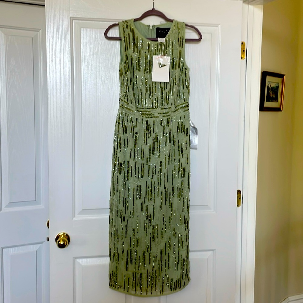 NWT Mac Duggal ABSTRACT BEADED SLEEVELESS MIDI SHEATH DRESS Sage Size 6